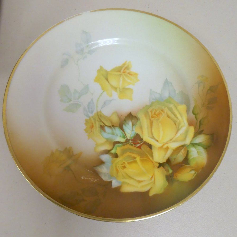 SEVRES HAND PAINTED SIGNED PLATTER 12" antique yellow roses plate